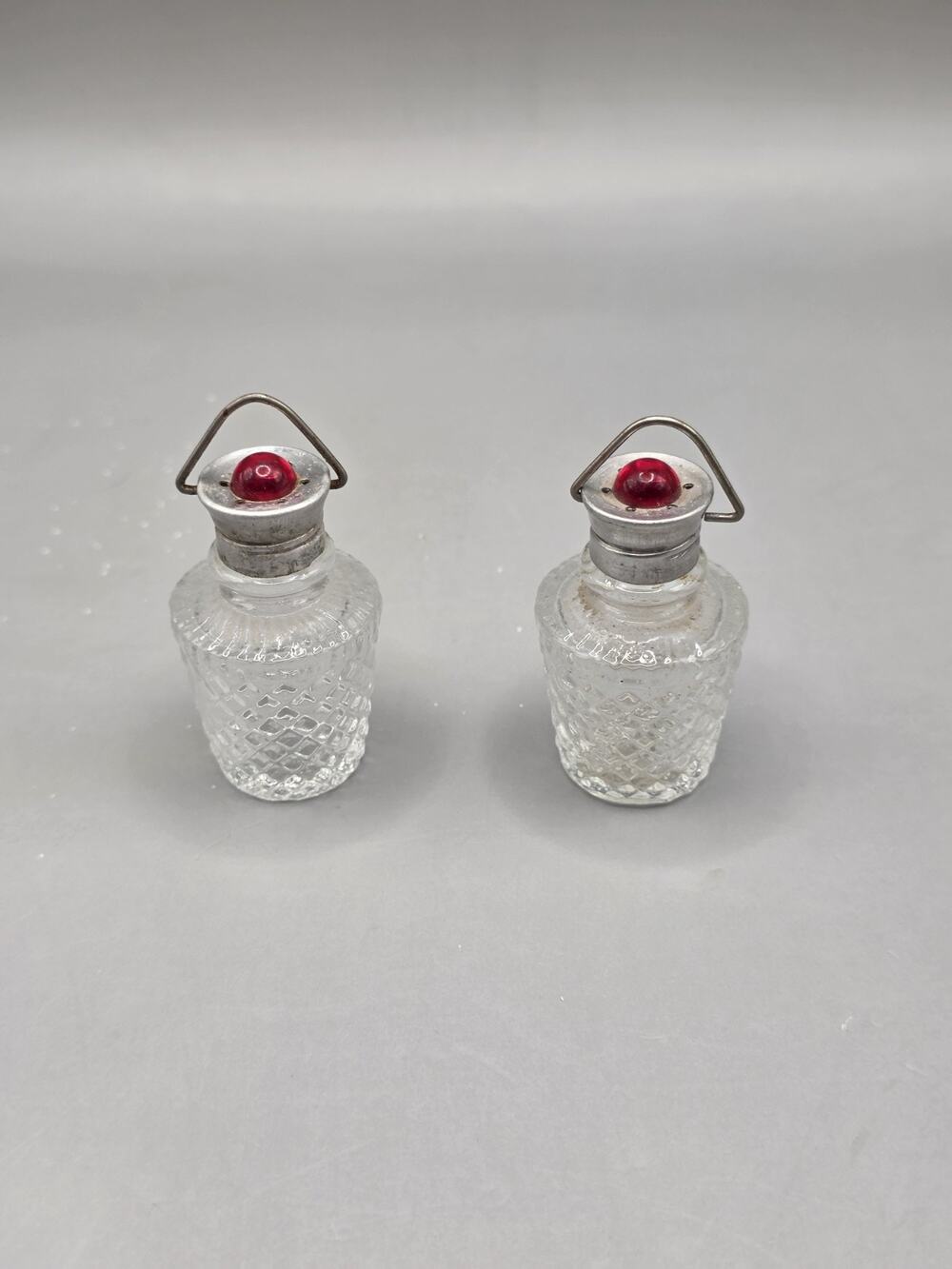 Vtg Miniature Lantern Style Glass Shakers Pair Red Glass Cabochon Finials